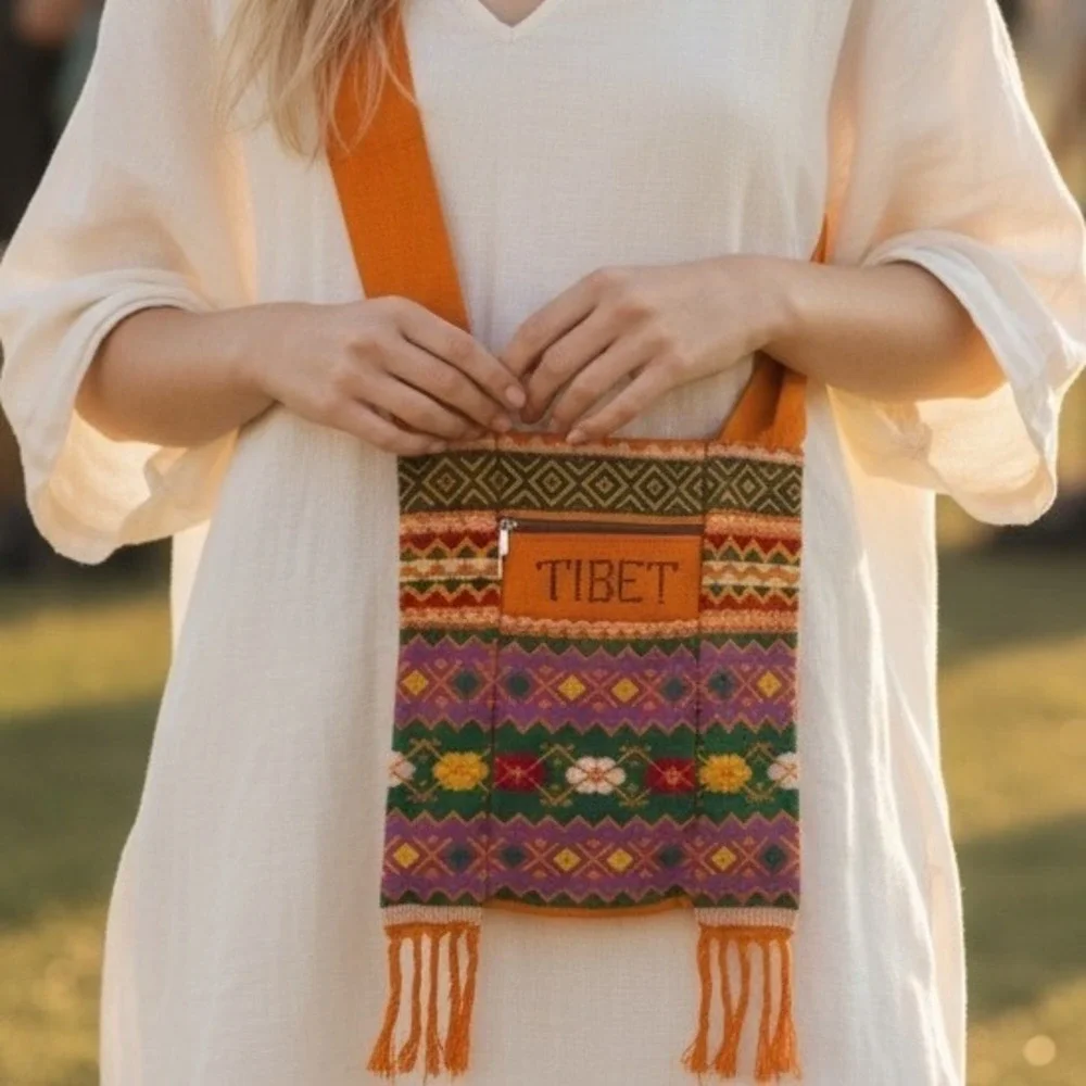 Vintage Tibet Monk Handmade Woven Crossbody Gompa Bag Geometric Fringe
